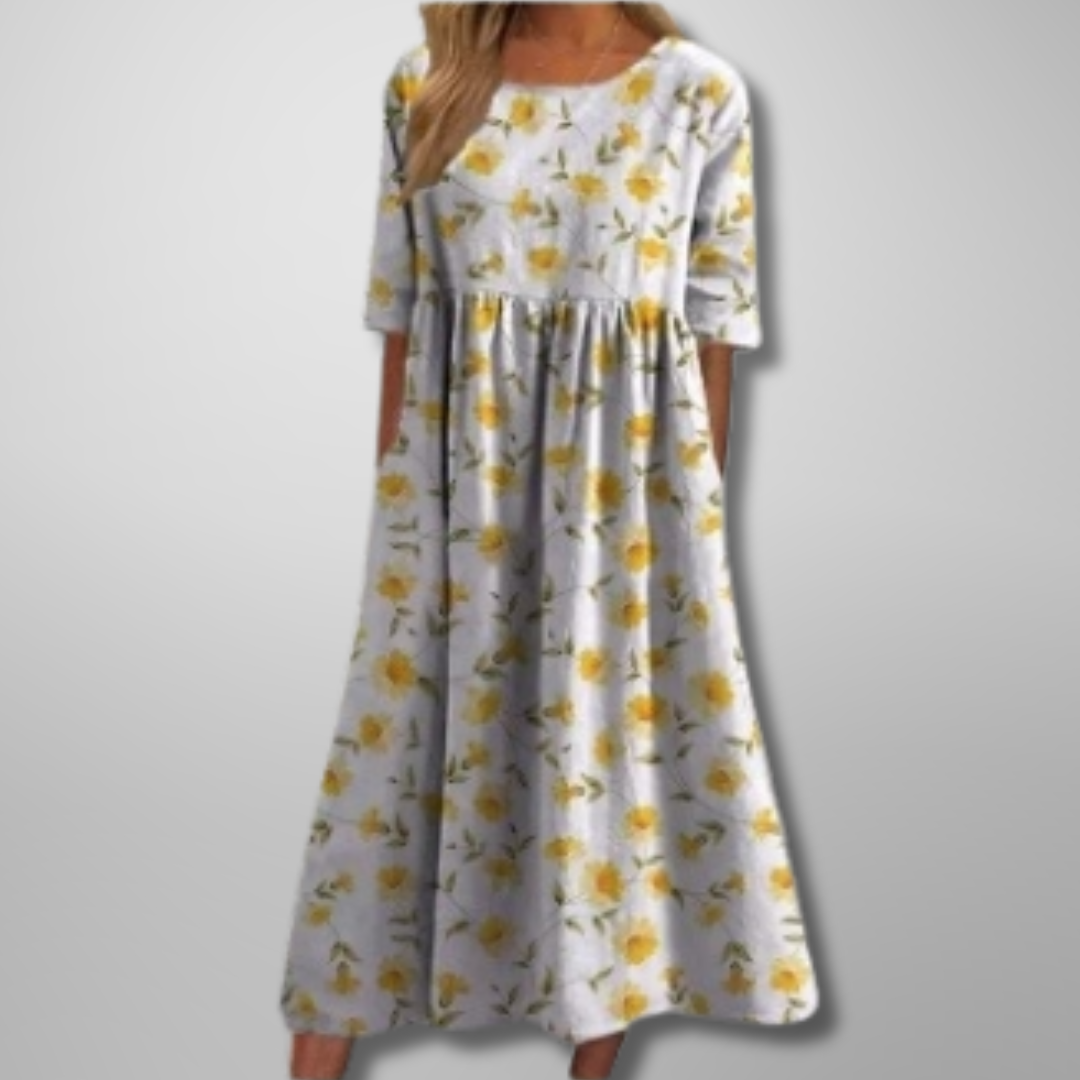 Relaxed floral midi dress in light yellow