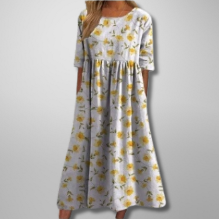 Relaxed floral midi dress in light yellow