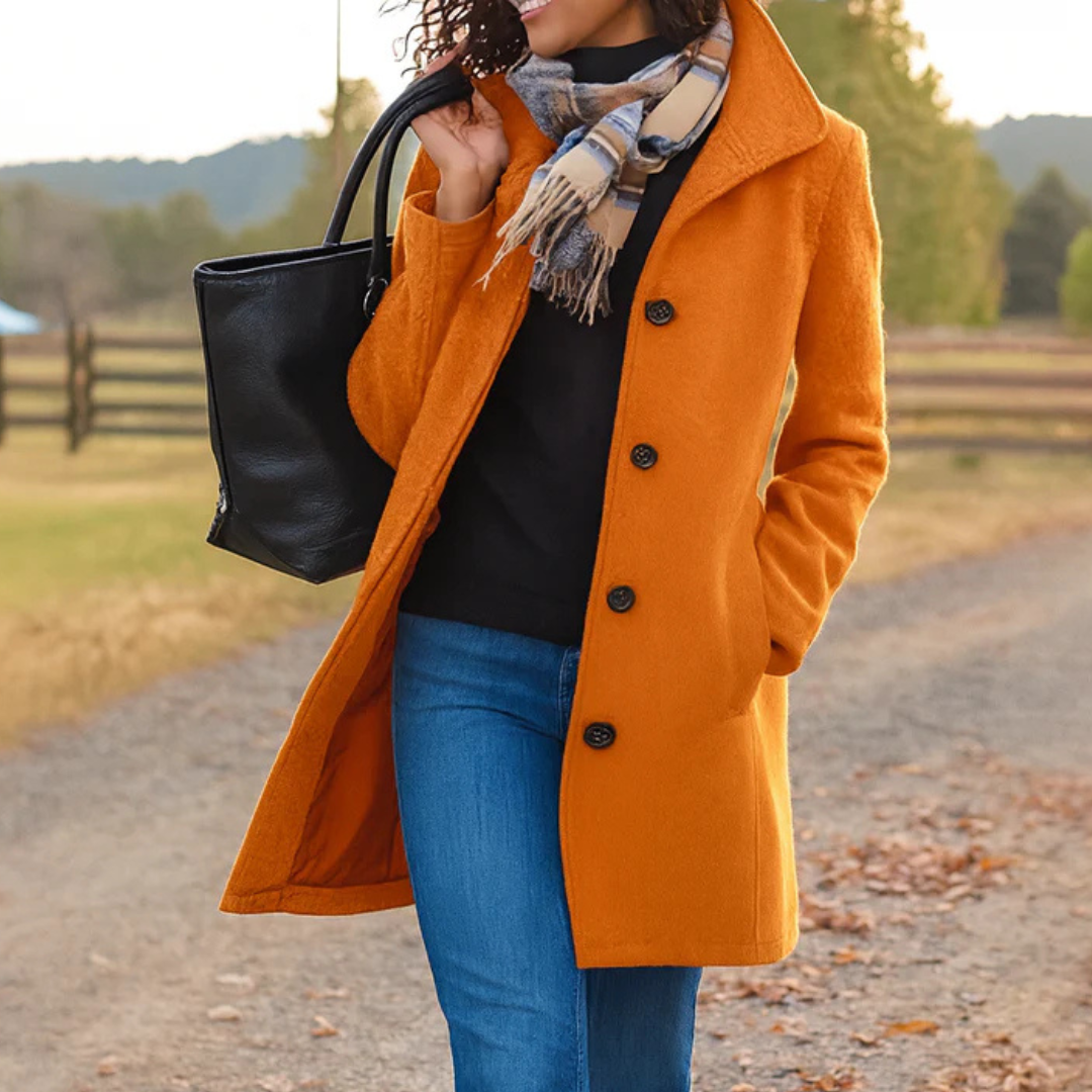 Orange button-front longline winter coat women