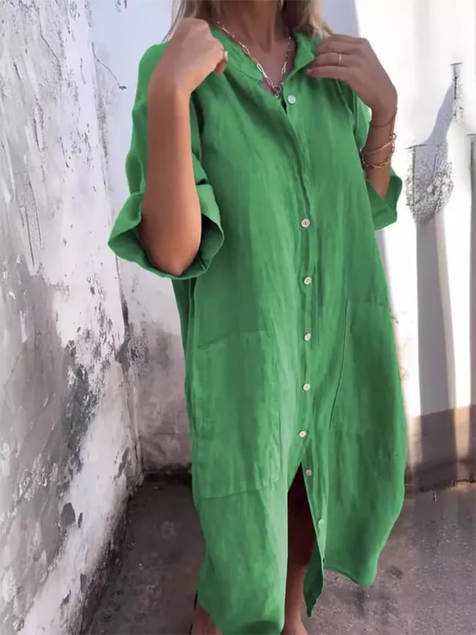 Button-Down Rolled Sleeve Midi Shirt Dress - Green