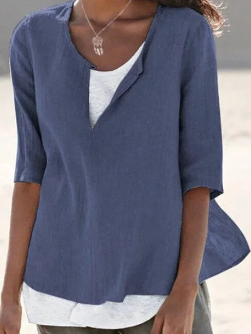 Layered Split-Neck Blouse - Blue