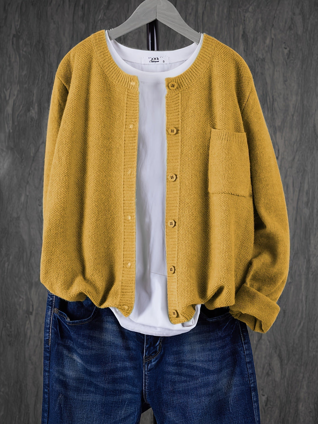 Women's Crew Neck Button Cardigan with Chest Pocket - Yellow