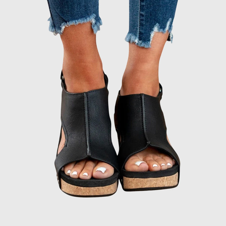 Orthopedic Buckle Wedge Sandals - Black