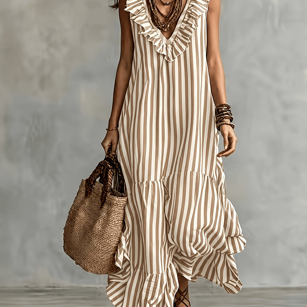 Striped Ruffled Boho Maxi Dress - Khaki