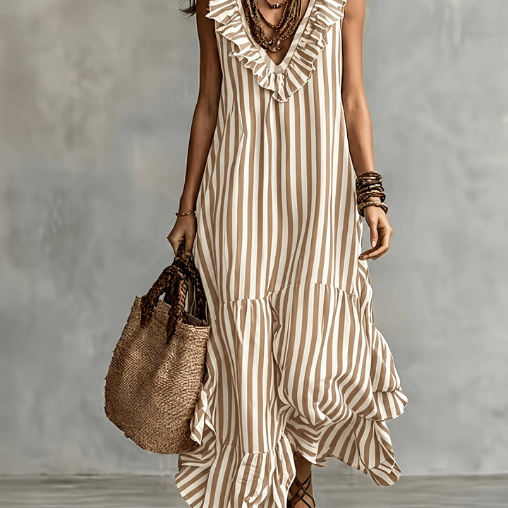Striped Ruffled Boho Maxi Dress - Khaki