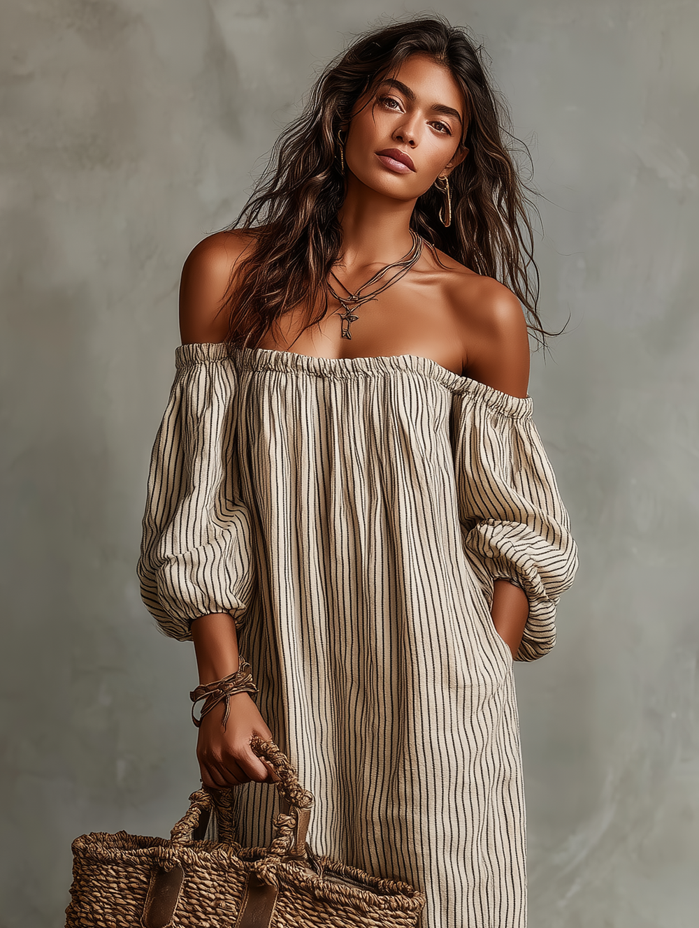 Women's striped off-shoulder puff sleeve linen maxi dress, detail