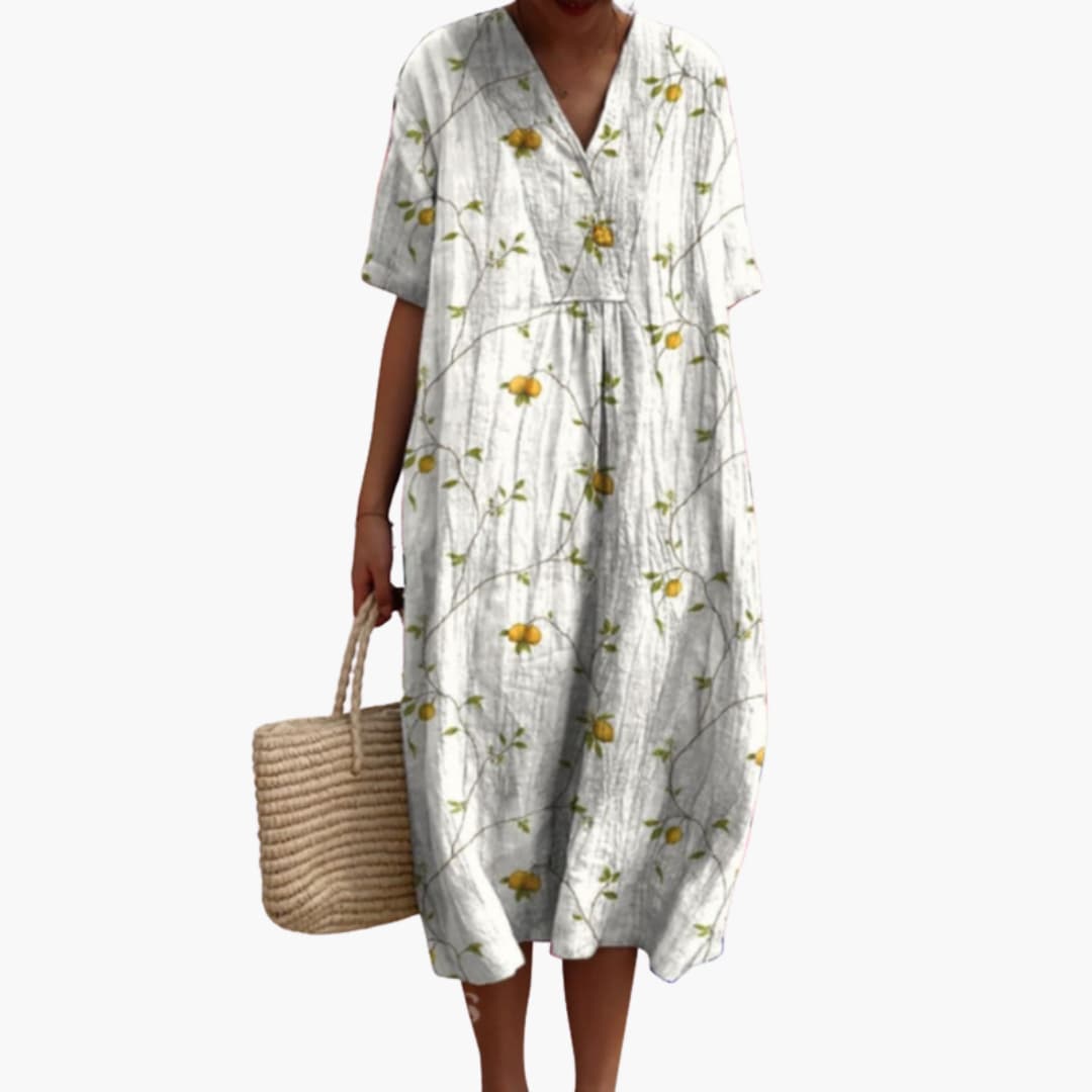 Floral V-Neck Oversized Midi Dress in white with yellow