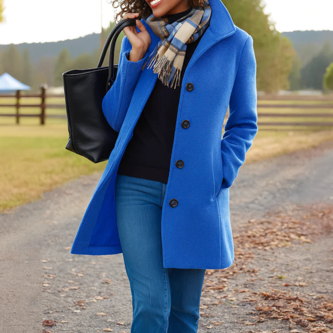 Blue button-front longline winter coat women
