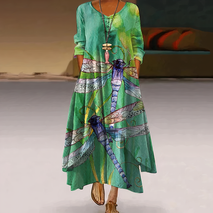 Women's floral border print long sleeve oversized maxi dress in green
