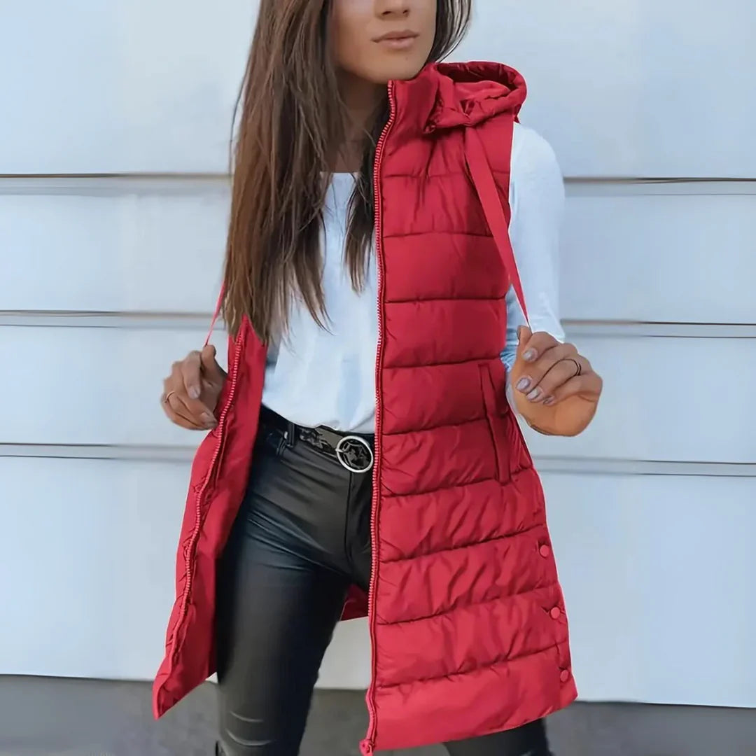 Longline hooded puffer vest red