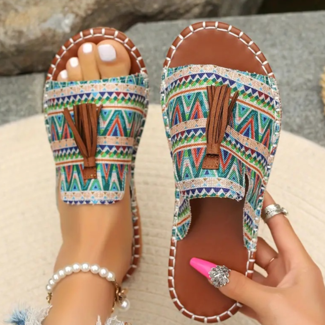 Women's Patterned Tassel Slide Sandal Green & Blue