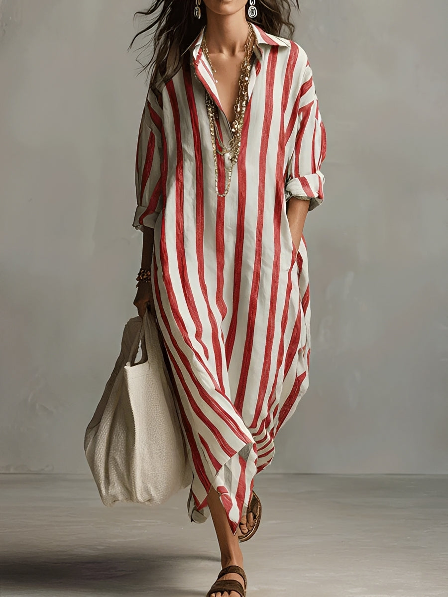 Women's striped V-neck long sleeve maxi dress in red