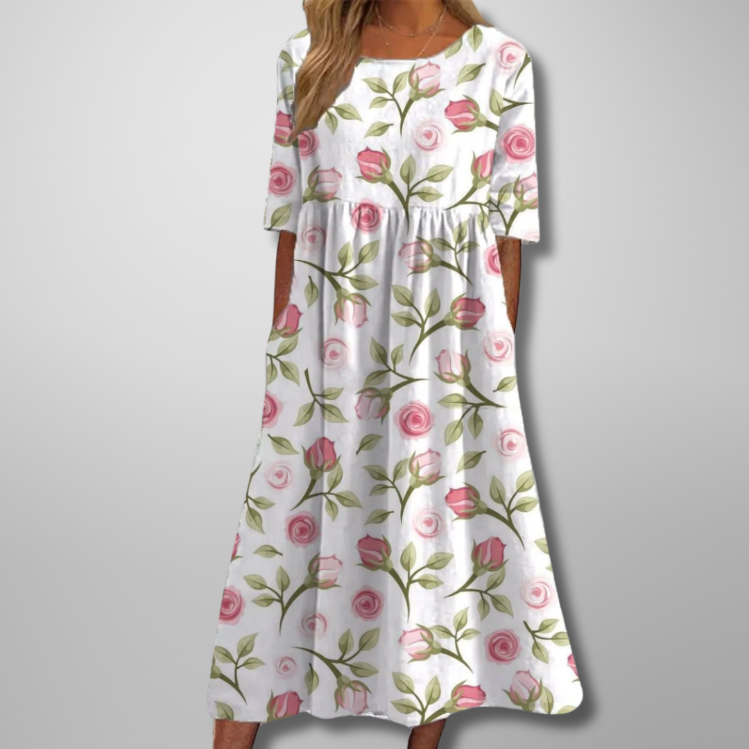 Relaxed floral midi dress in white pink