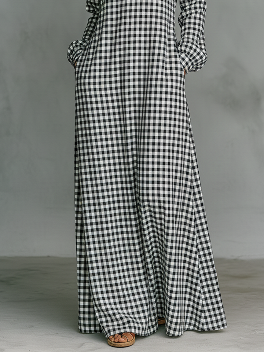 Women's gingham check V-neck long sleeve maxi dress, side
