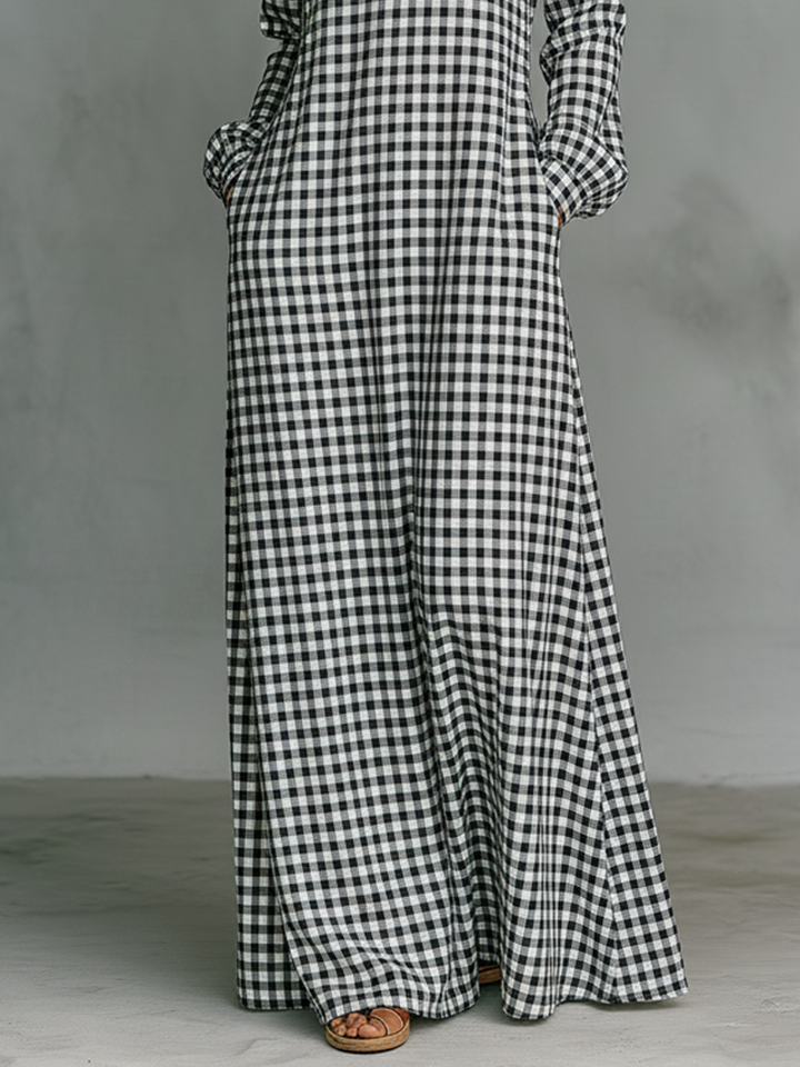 Women's gingham check V-neck long sleeve maxi dress, side