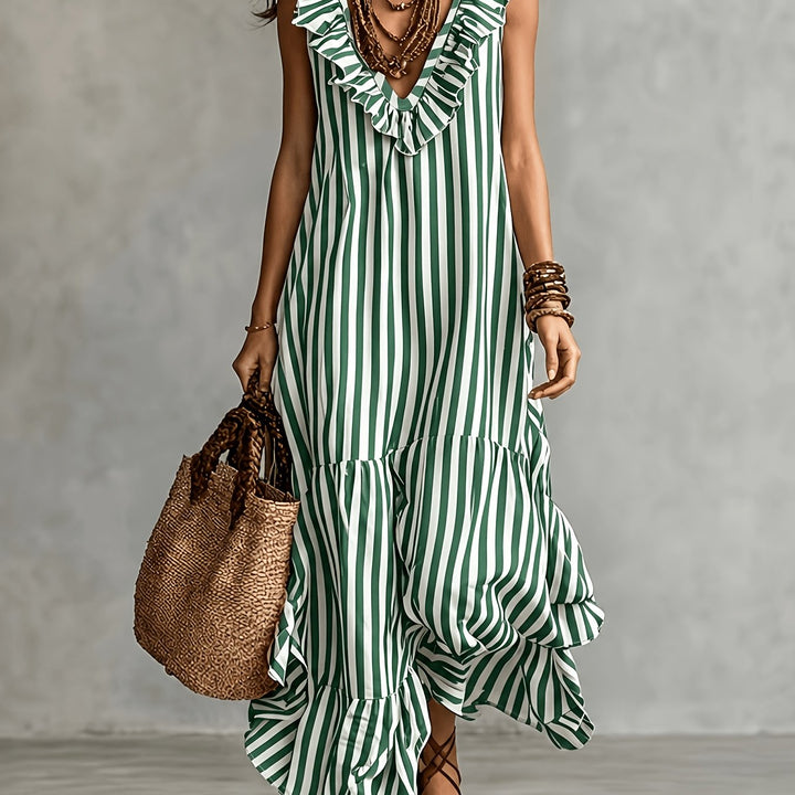 Striped Ruffled Boho Maxi Dress - Green