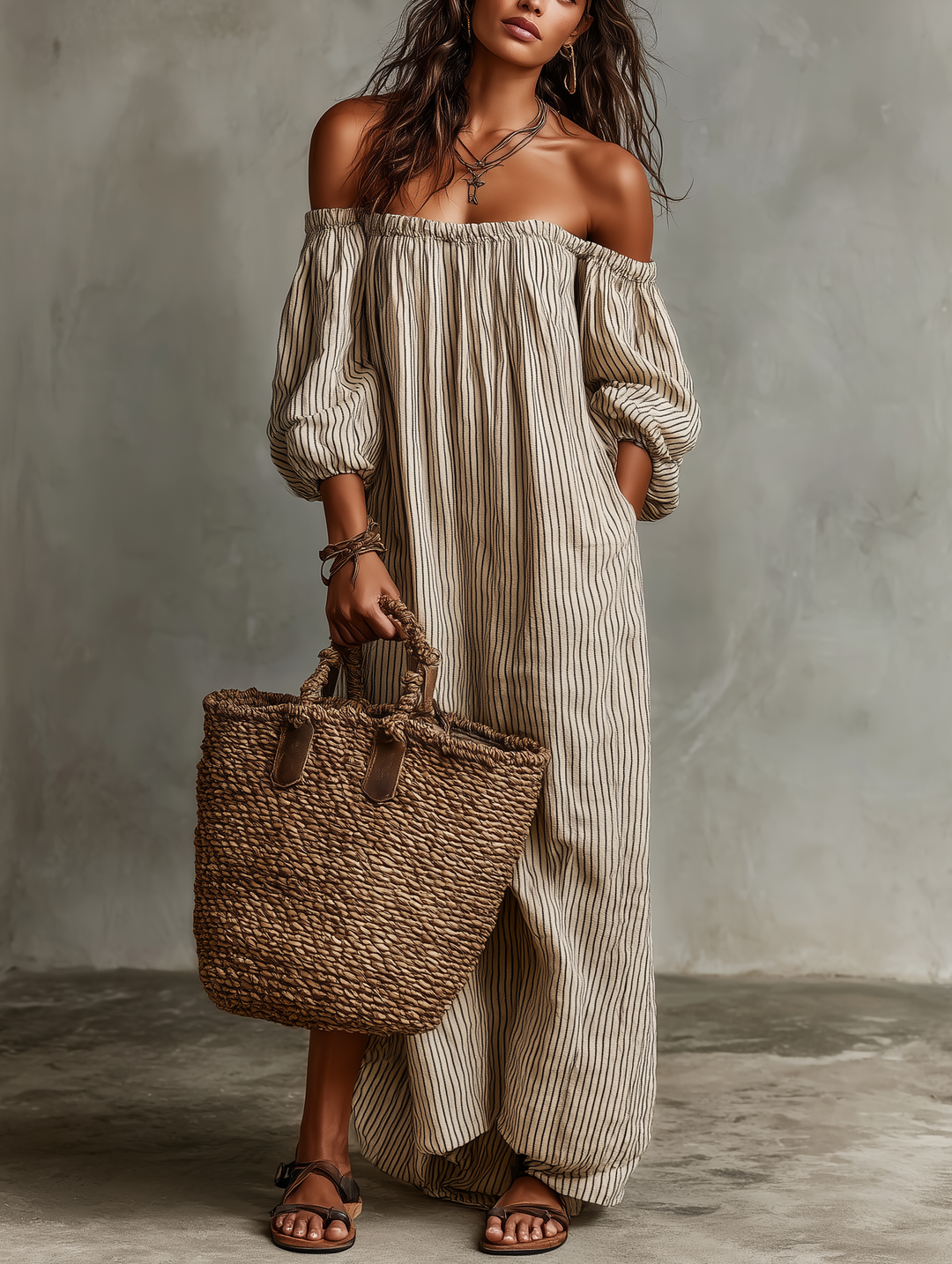 Women's striped off-shoulder puff sleeve linen maxi dress, front