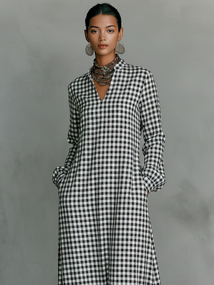 Women's gingham check V-neck long sleeve maxi dress, detail