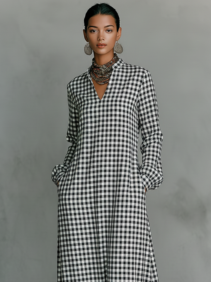 Women's gingham check V-neck long sleeve maxi dress, detail