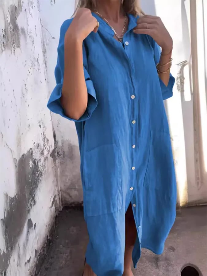Button-Down Rolled Sleeve Midi Shirt Dress - Blue