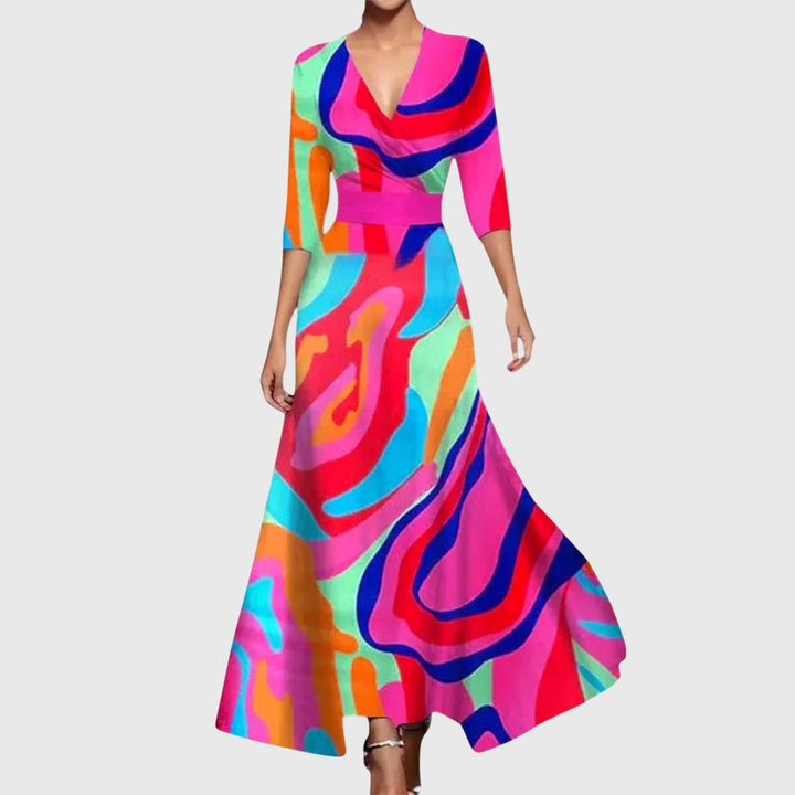 Elegant long-sleeve maxi dress in multicolour