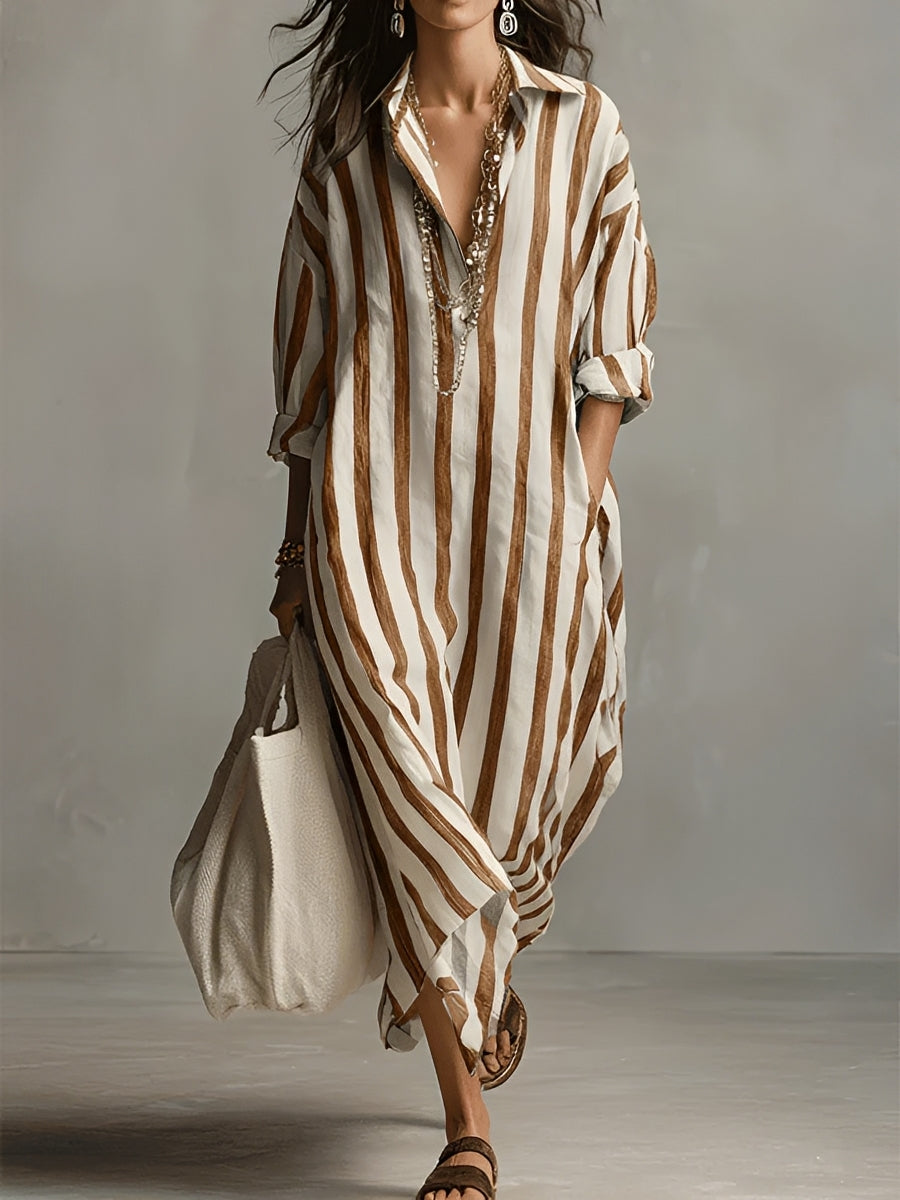 Women's striped V-neck long sleeve maxi dress in brown