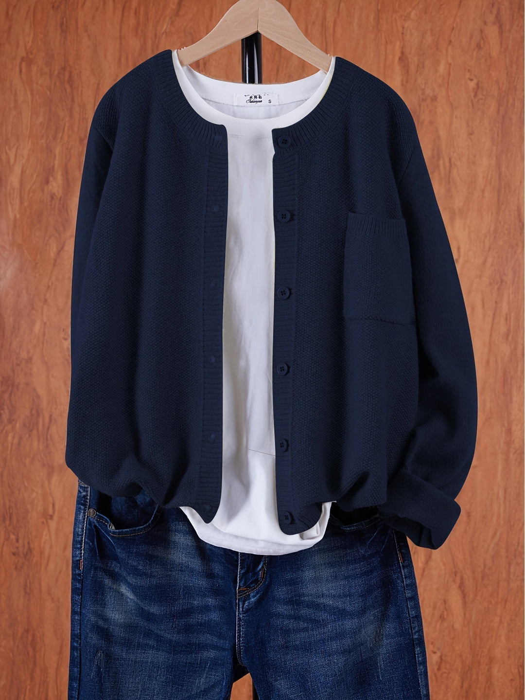Women's Crew Neck Button Cardigan with Chest Pocket - Dark Blue