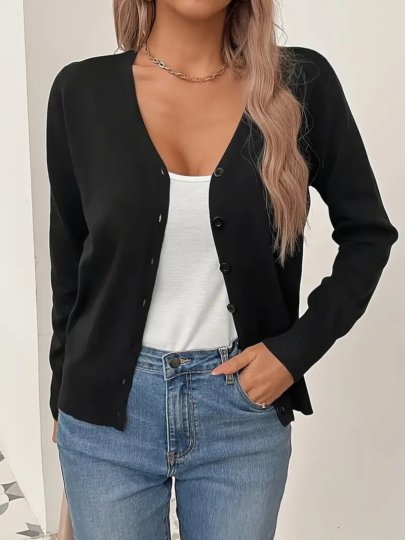 Women's fine knit V-neck button cardigan in black