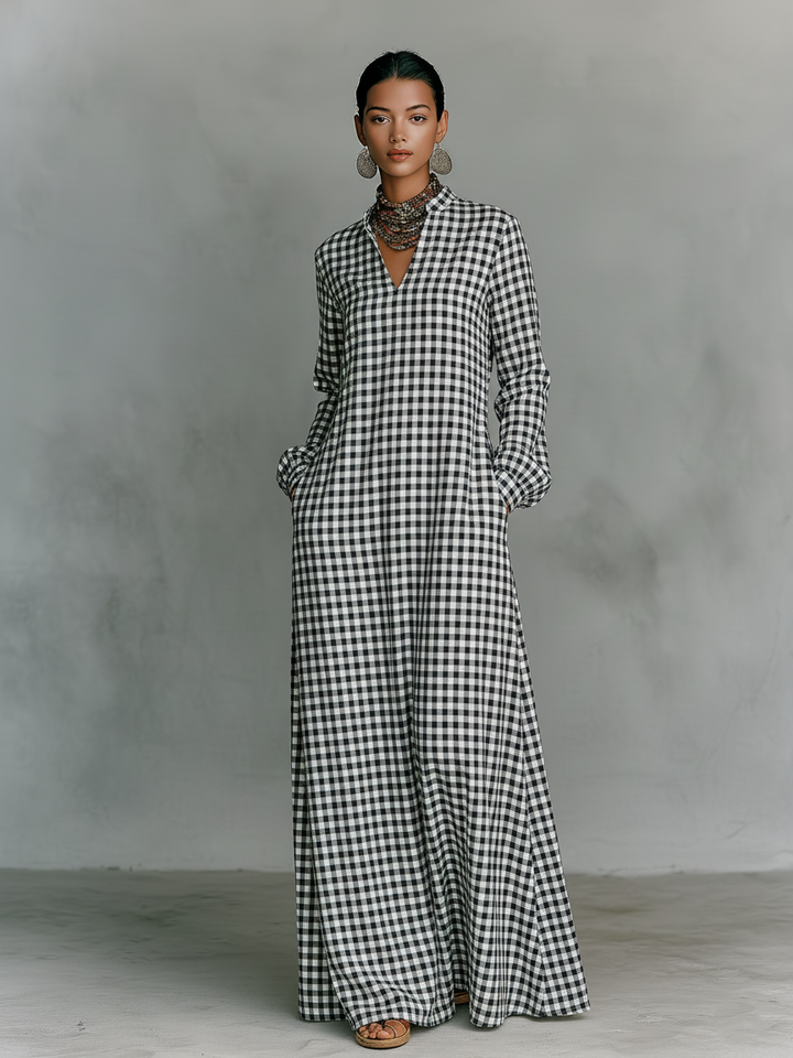 Women's gingham check V-neck long sleeve maxi dress, back