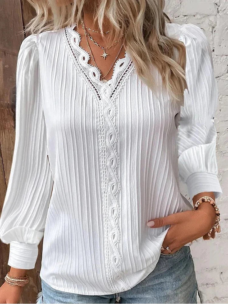 Chiffon & Lace Detail Blouse - White