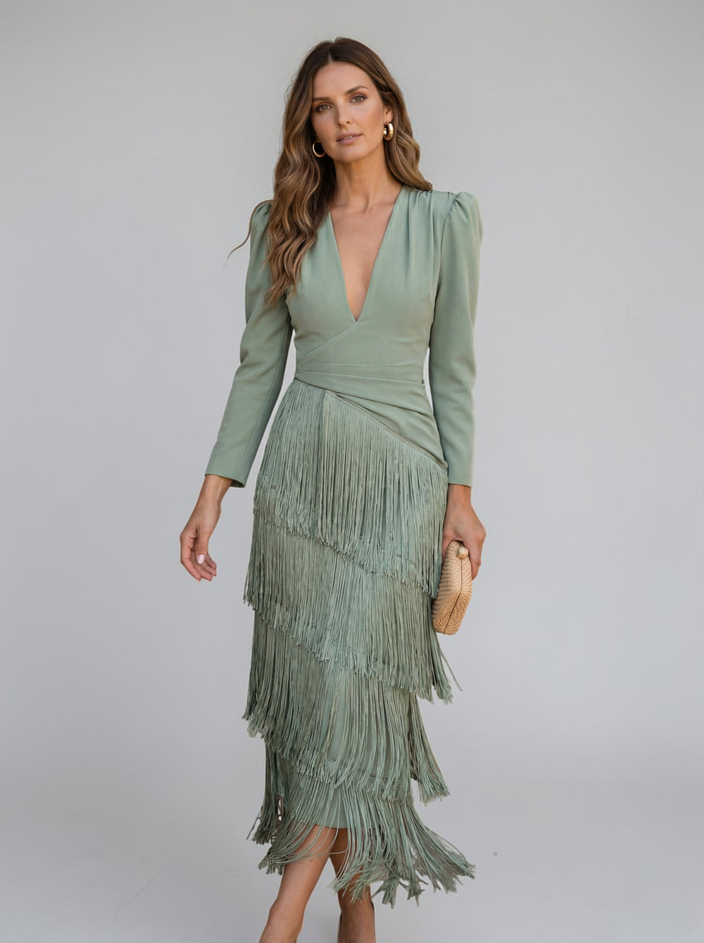 Tiered fringe evening midi dress in green
