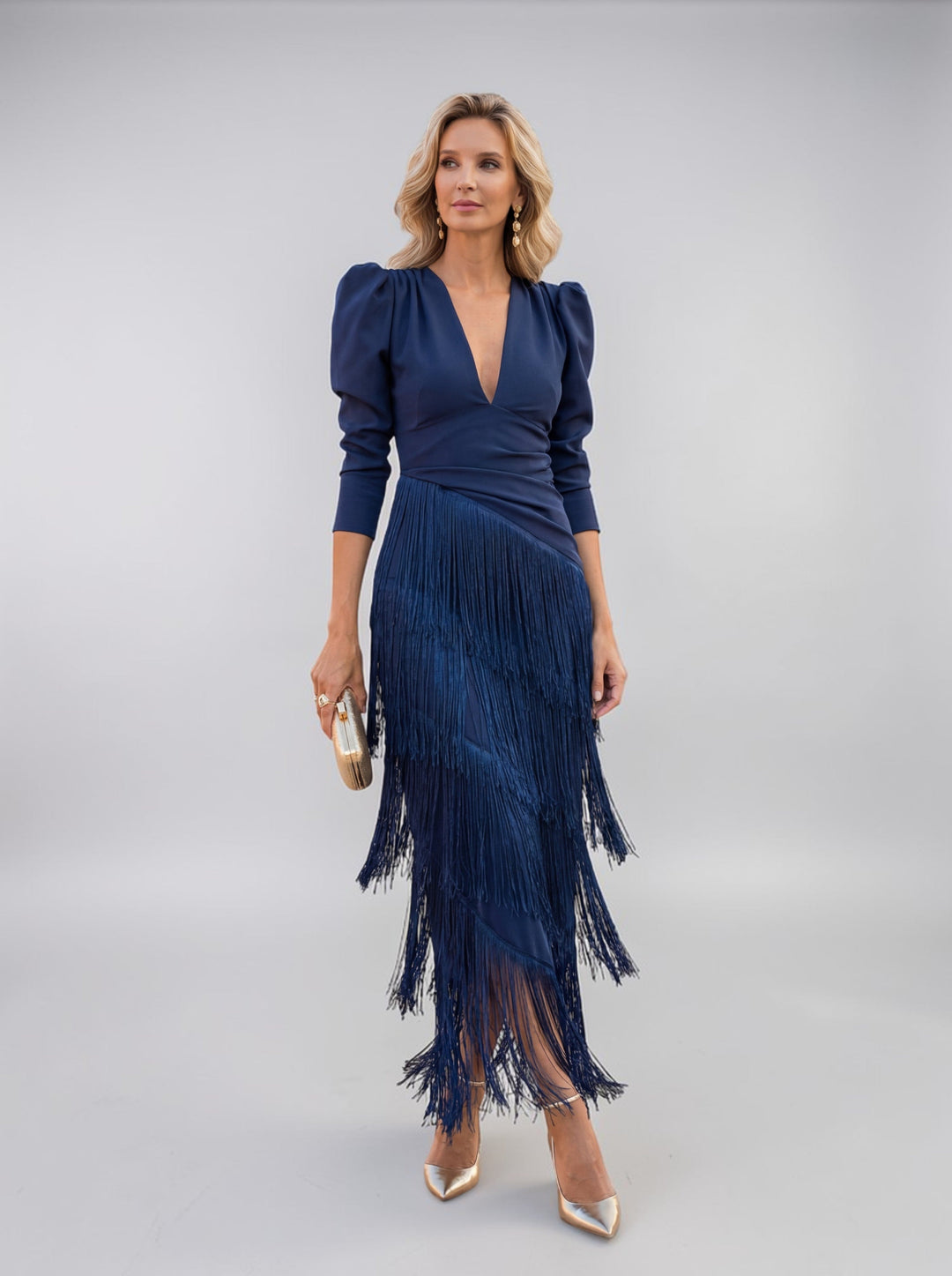 Tiered fringe evening midi dress in blue