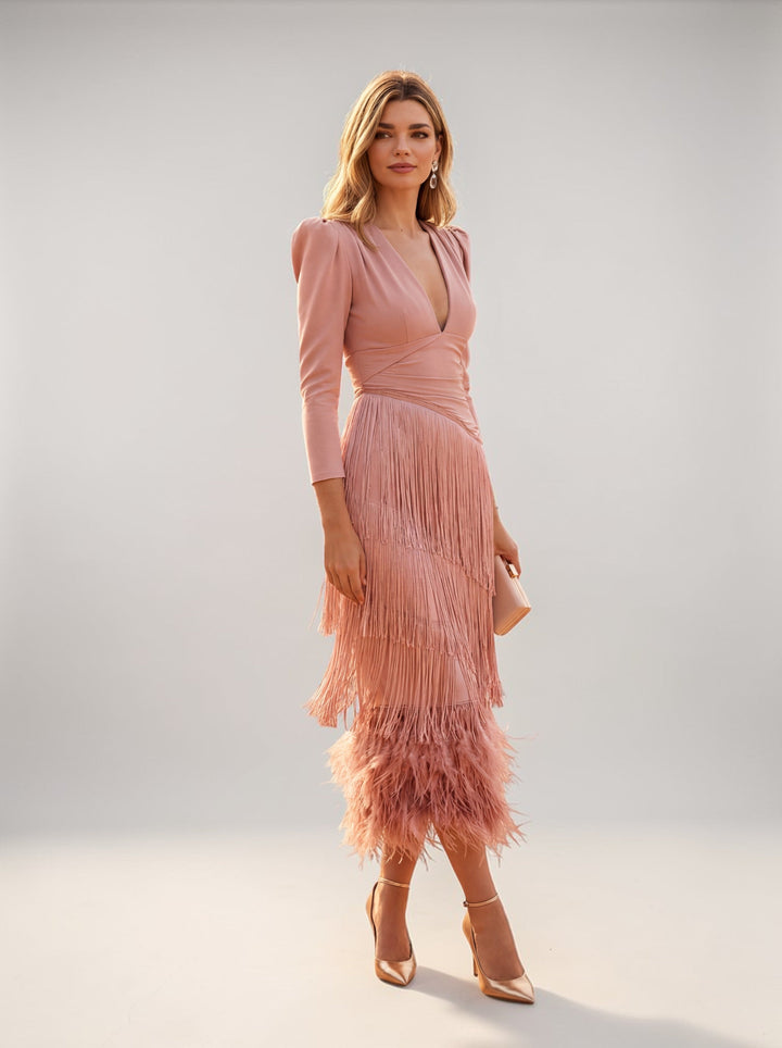 Tiered fringe evening midi dress in pink