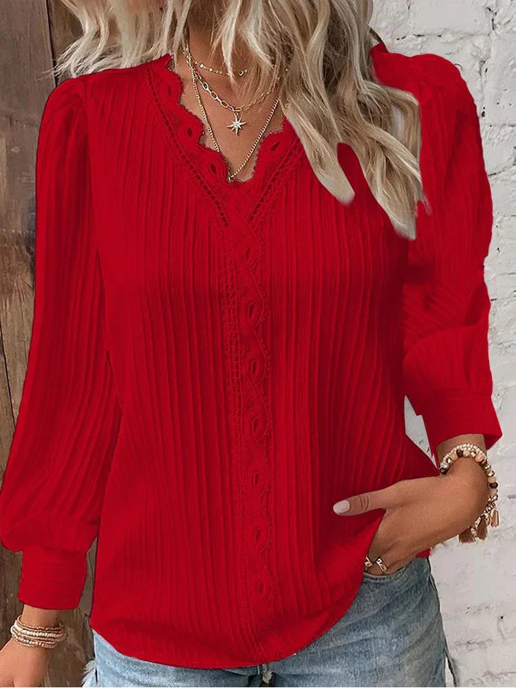 Chiffon & Lace Detail Blouse - Red
