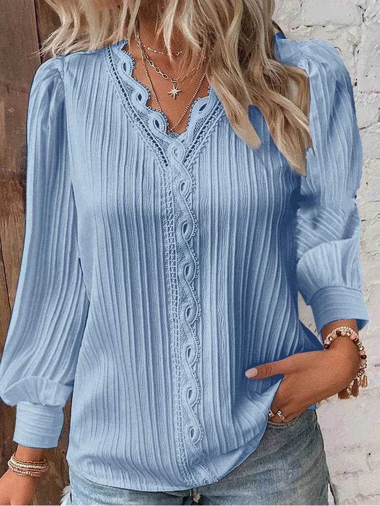Chiffon & Lace Detail Blouse - Light blue