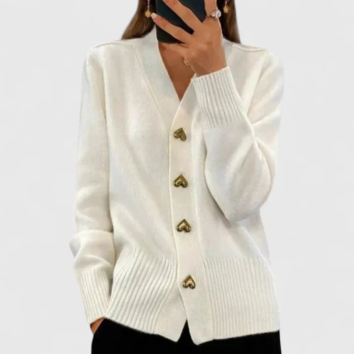 Women's heart button V-neck knit cardigan in white