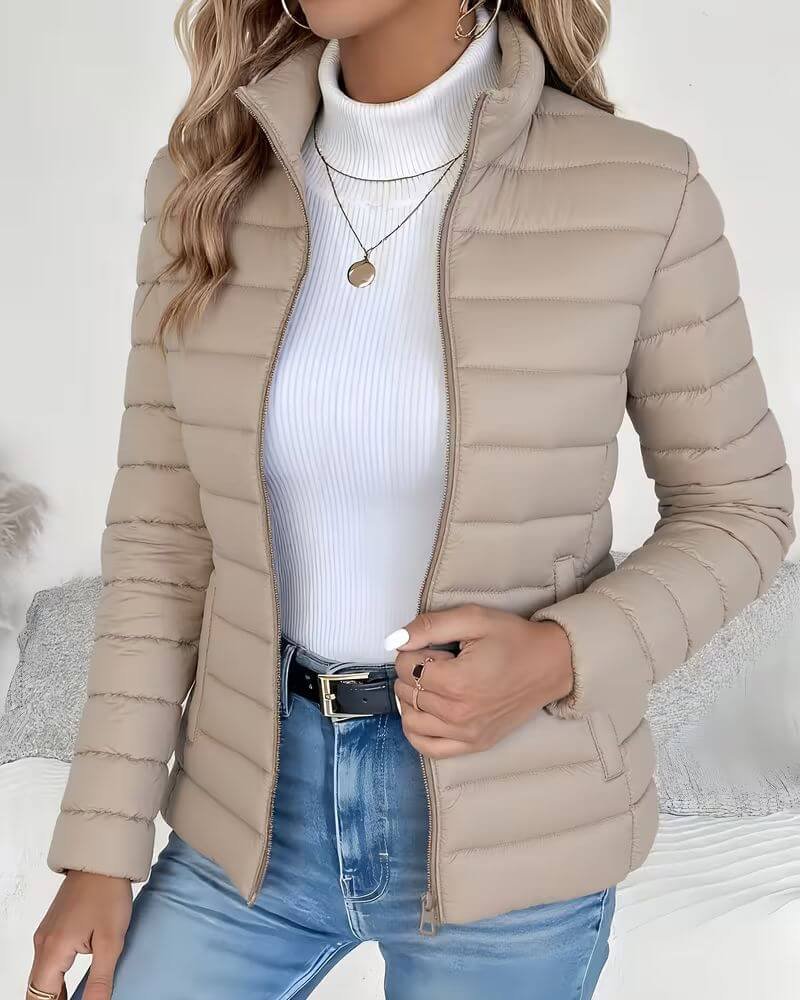 Beige channel quilted fall jacket with high zip collar for women