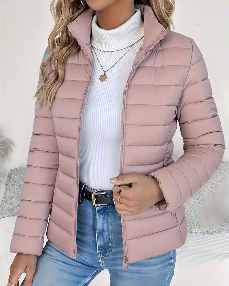 Pink channel quilted fall jacket with high zip collar for women