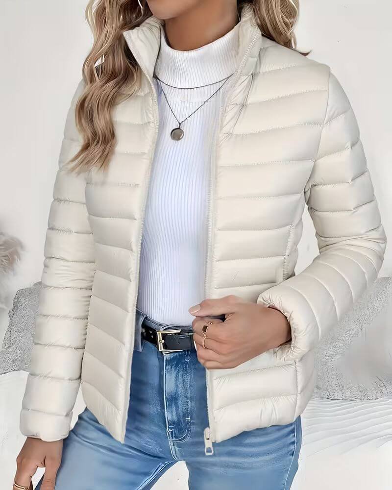 Cream channel quilted fall jacket with high zip collar for women