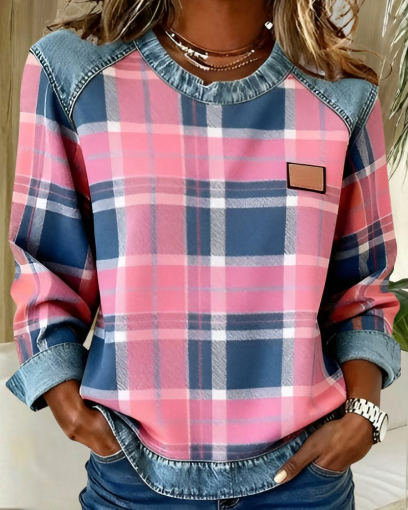 Women's Pink Plaid Denim Sweater