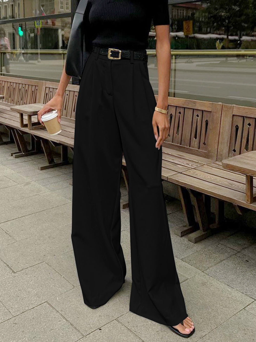 Women's belt free wide leg dress pants in black