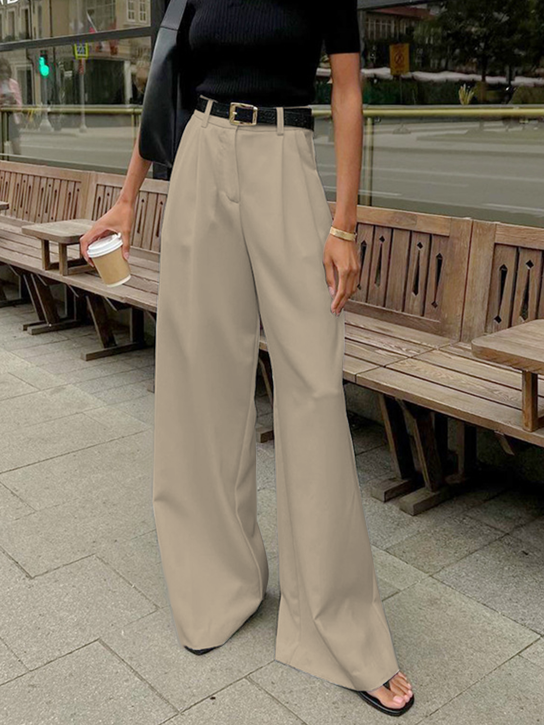 Women's belt free wide leg dress pants in khaki
