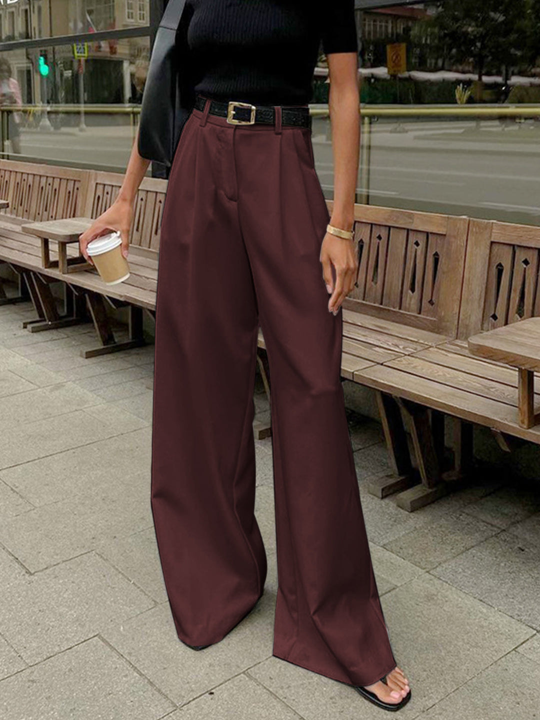 Women's belt free wide leg dress pants in burgundy
