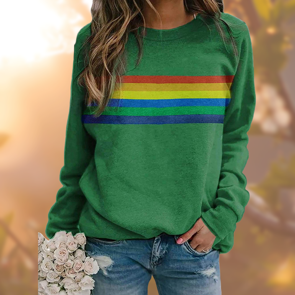 Women's Rainbow Stripe Crew Neck Sweatshirt - Green
