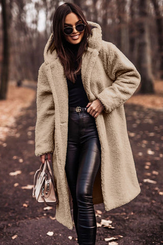 Women's longline hooded teddy coat in beige
