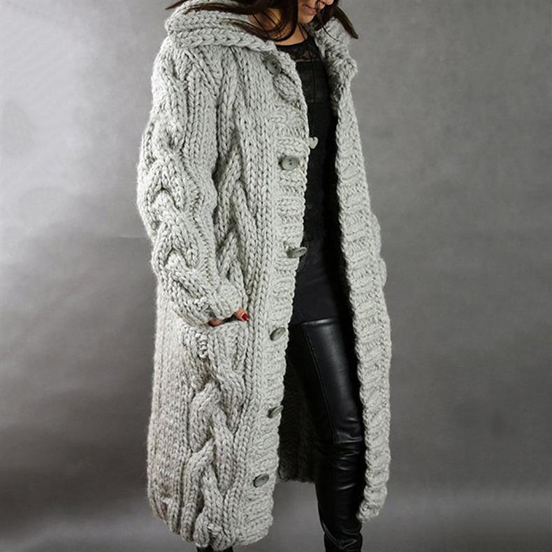 Women's Hooded Cable Knit Longline Coat - Grey