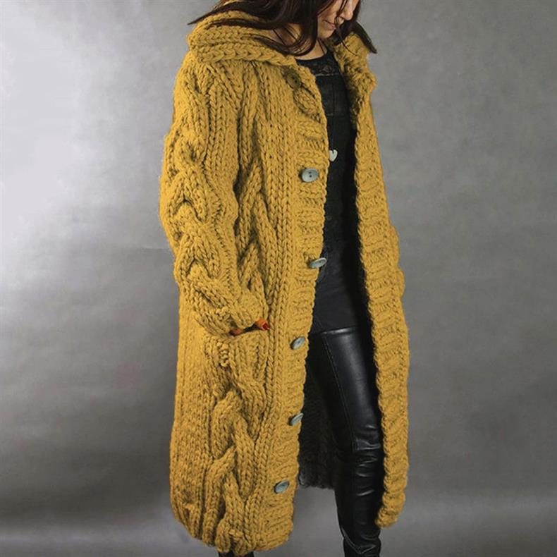 Women's Hooded Cable Knit Longline Coat - Yellow