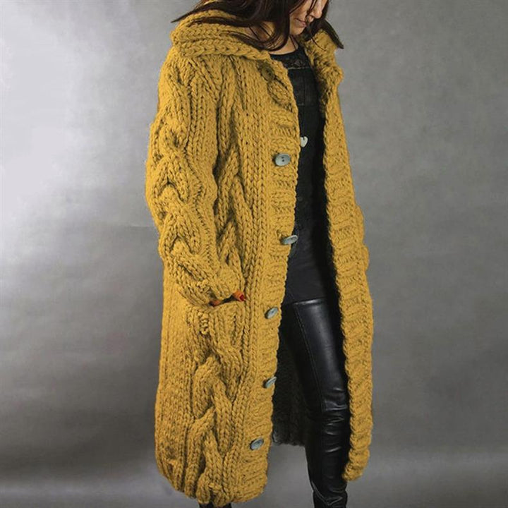 Women's Hooded Cable Knit Longline Coat - Yellow