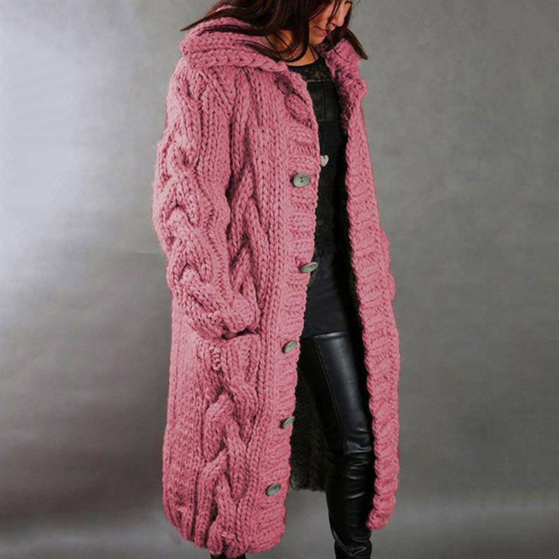 Women's Hooded Cable Knit Longline Coat - Pink