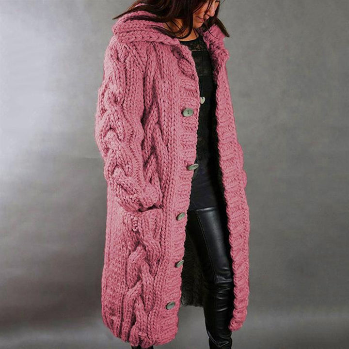 Women's Hooded Cable Knit Longline Coat - Pink